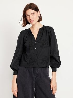 Old Navy Jet Black Floral Embroidered Peasant Blouse
